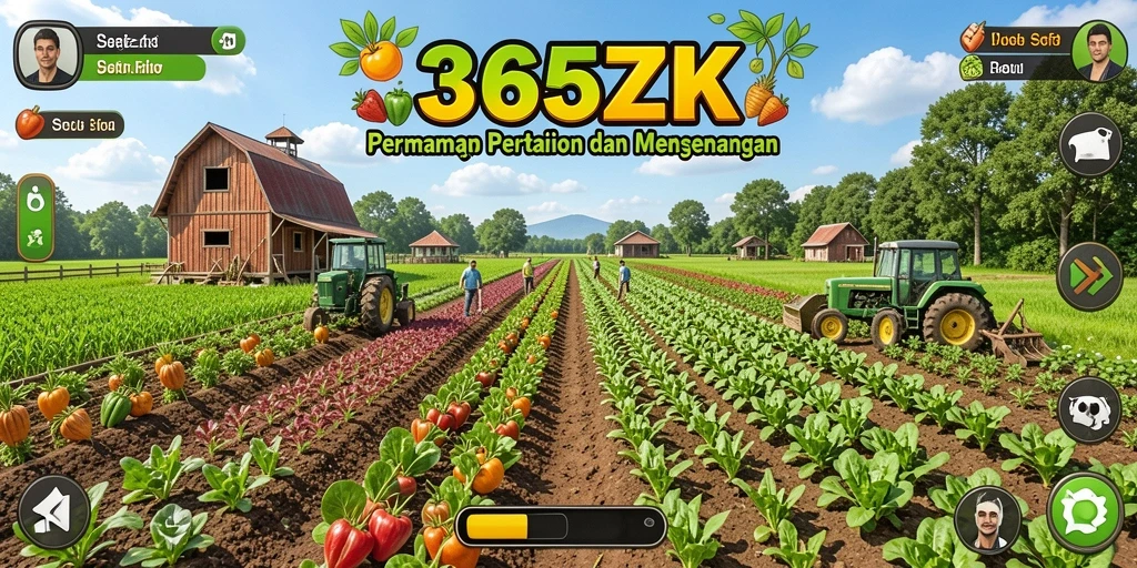 Tampilan gameplay 365ZK dengan ladang yang subur dan berbagai tanaman.
