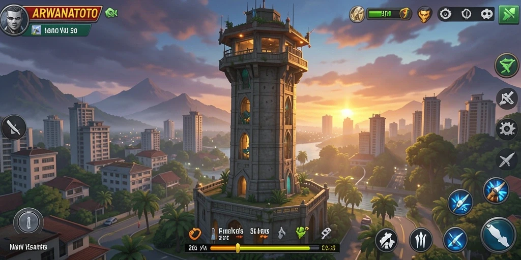 Screenshot gameplay ARWANATOTO menampilkan pertahanan menara yang seru.