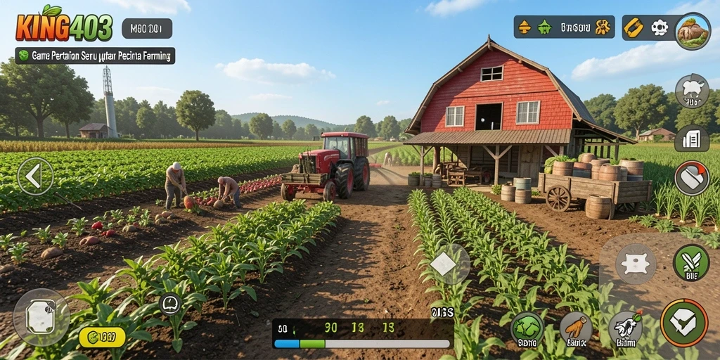 Screenshot gameplay KING403 menampilkan ladang subur yang siap dipanen.