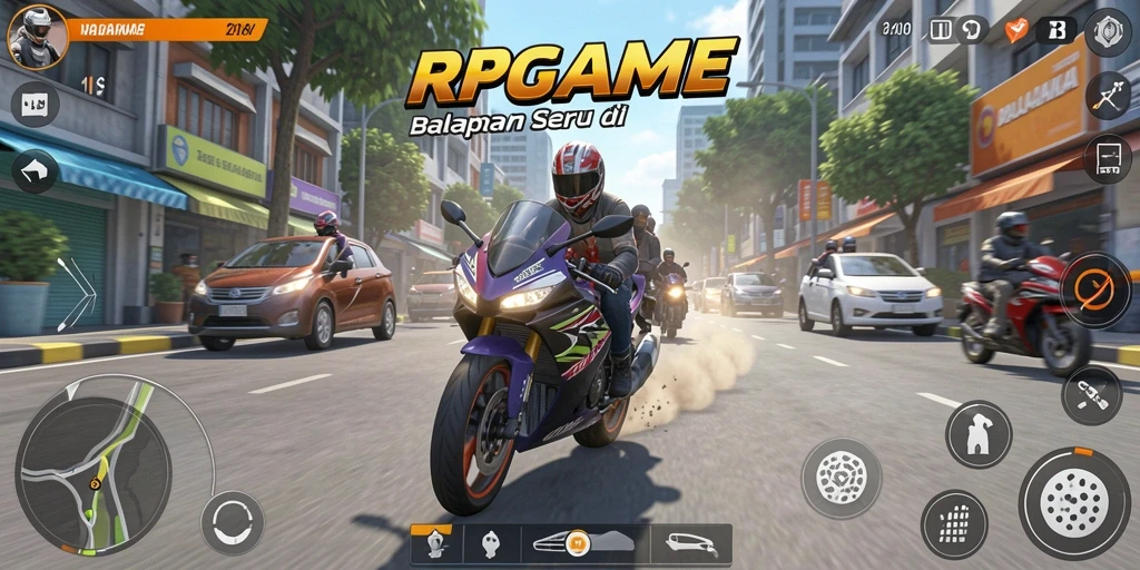 Screenshot RPGAME menampilkan balapan motor yang mendebarkan.
