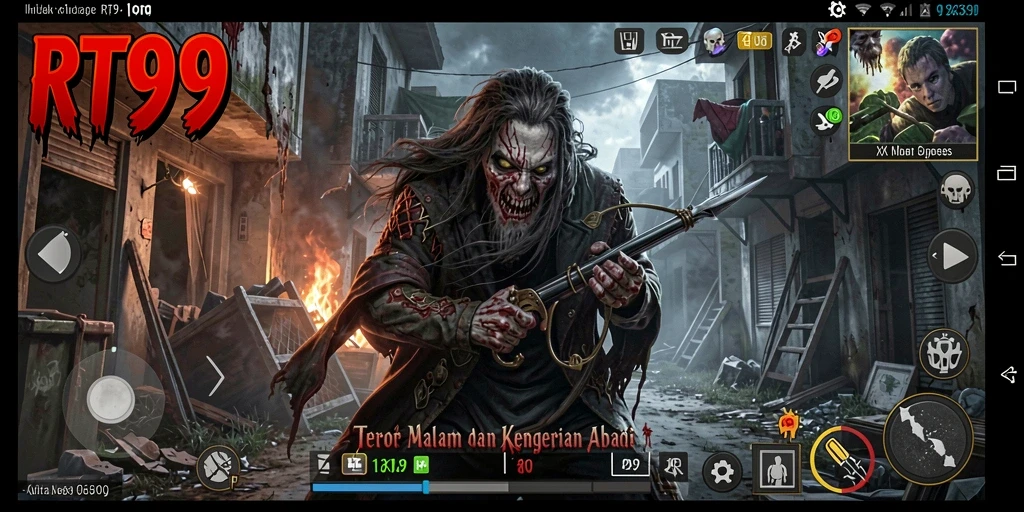 Tangkapan layar gameplay RT99 dengan suasana horror yang mencekam.