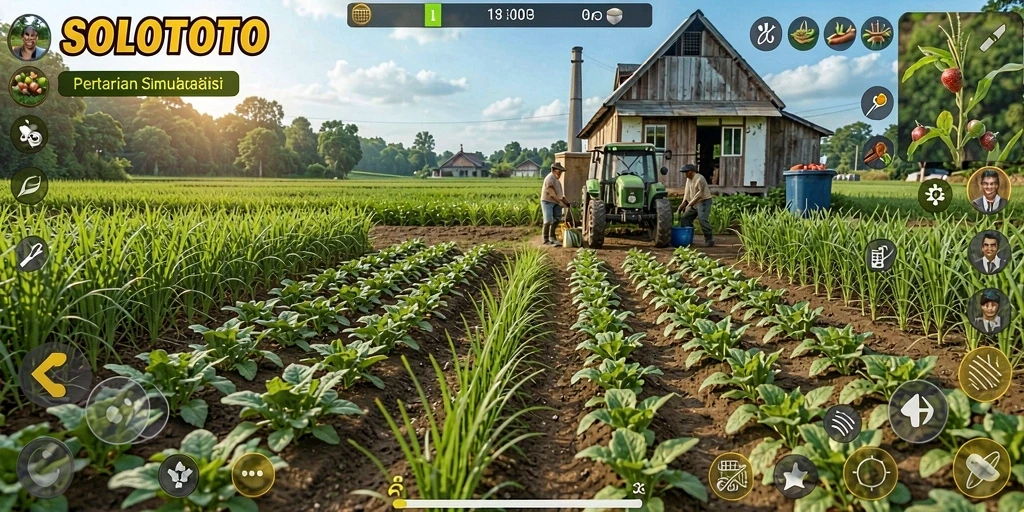 Screenshot gameplay SOLOTOTO menampilkan suasana pertanian yang indah.