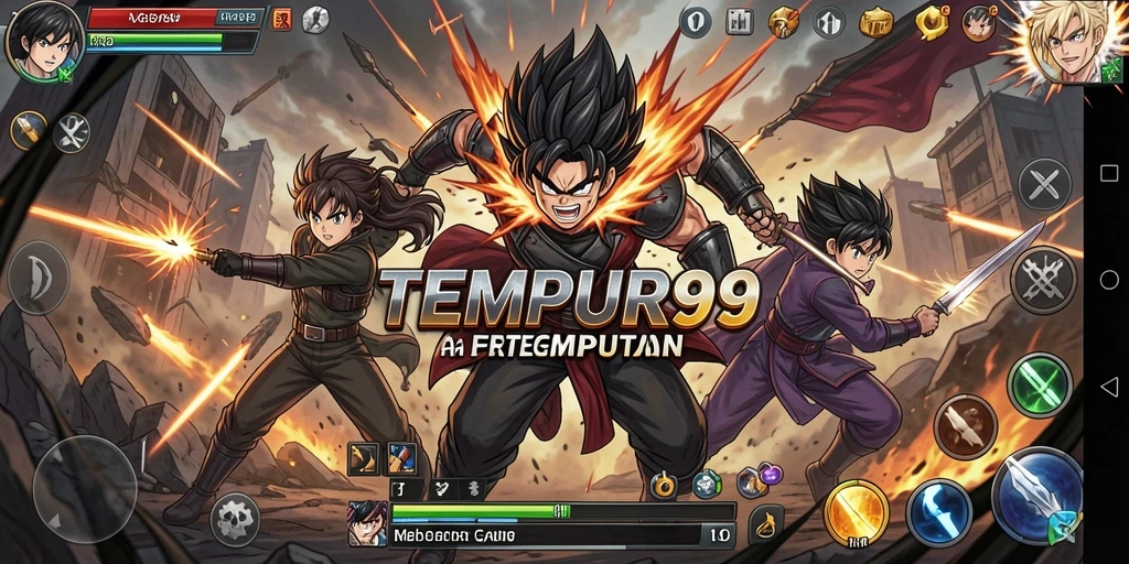 Tangkapan layar menunjukkan pertarungan intens dalam TEMPUR99 dengan karakter anime favorit.